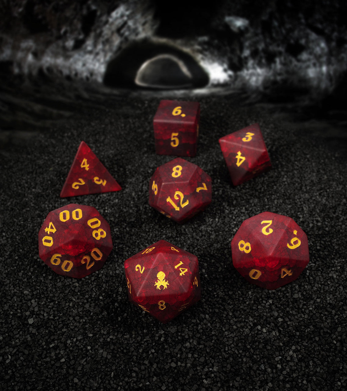 Matte Ruby Red Cracked Glass 7PC Glass Dice Set