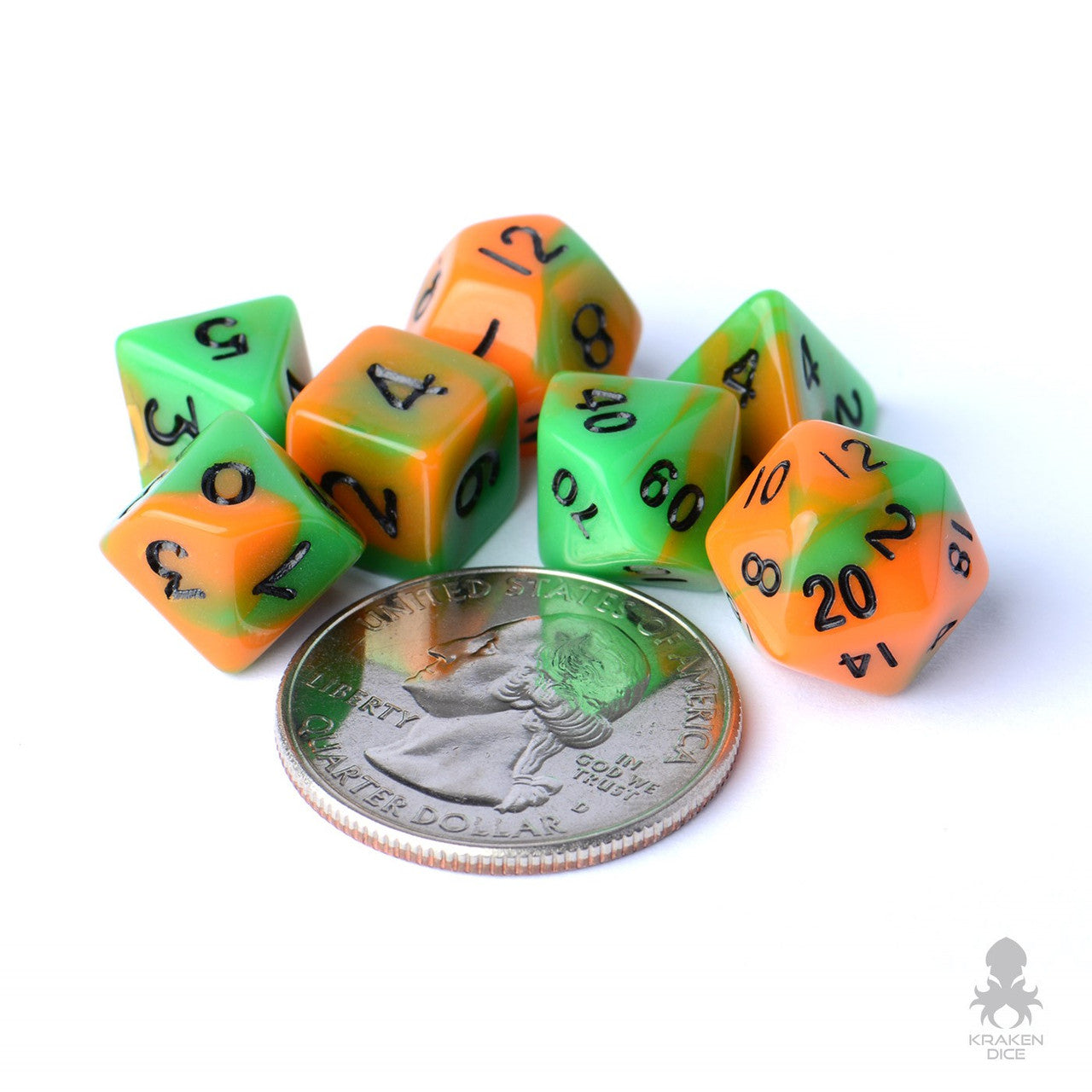 10mm Green and Orange Blended 7pc Mini Polyhedral Dice Set