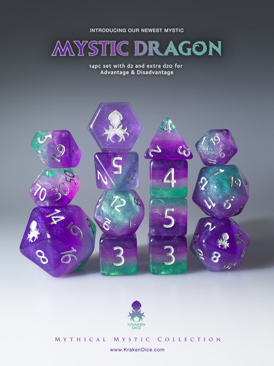 Mystic Dragon 14pc Silver Ink Dice Set With Kraken Logo