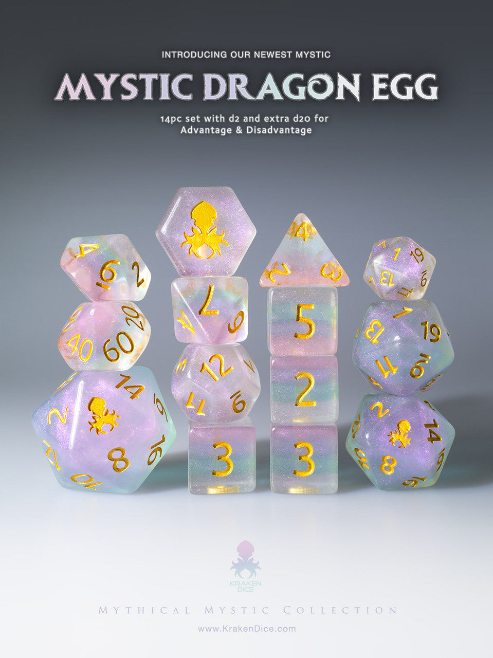Mystic Dragon Egg 14pc Gold Ink Dice Set With Kraken Logo