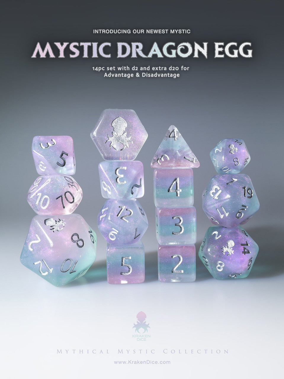 Mystic Dragon Egg 14pc Silver Ink Dice Set With Kraken Logo