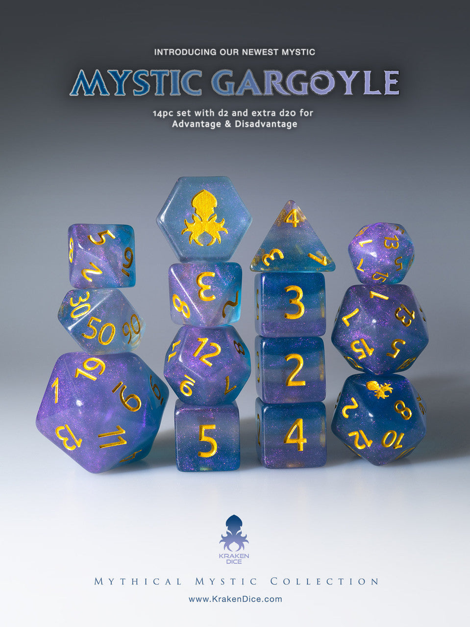 Mystic Gargoyle 14pc Gold Ink Dice Set With Kraken Logo – Kraken Dice