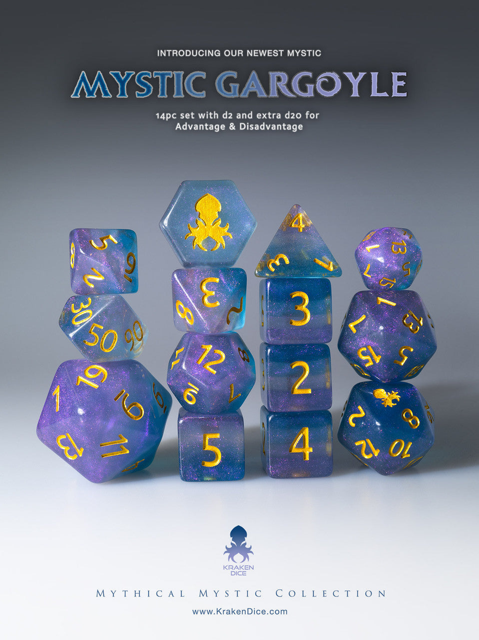 Mystic Gargoyle 14pc Gold Ink Dice Set With Kraken Logo