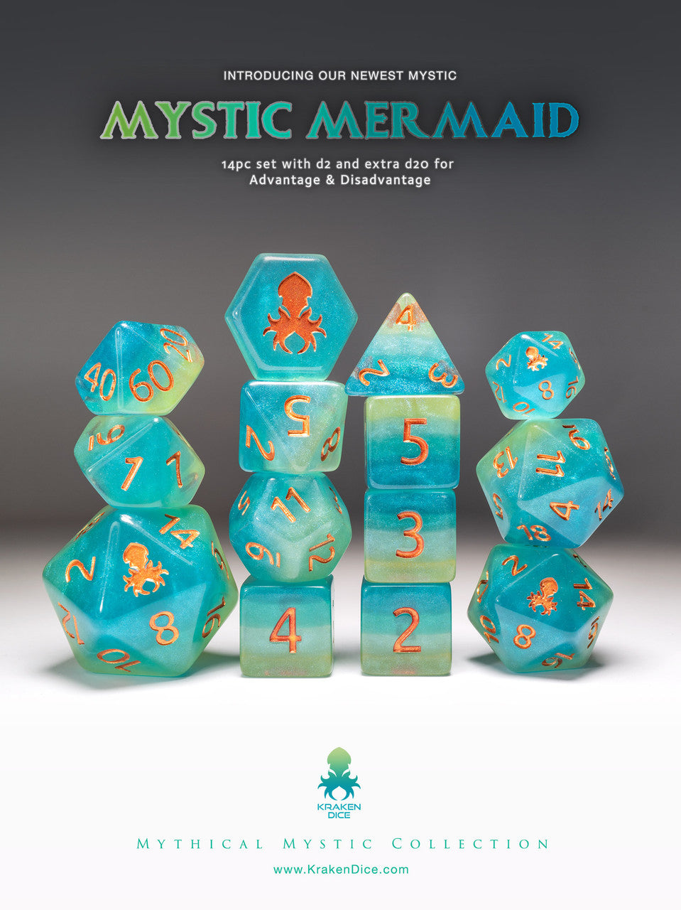 Mystic Mermaid 12pc Copper Ink Dice Set With Kraken Logo