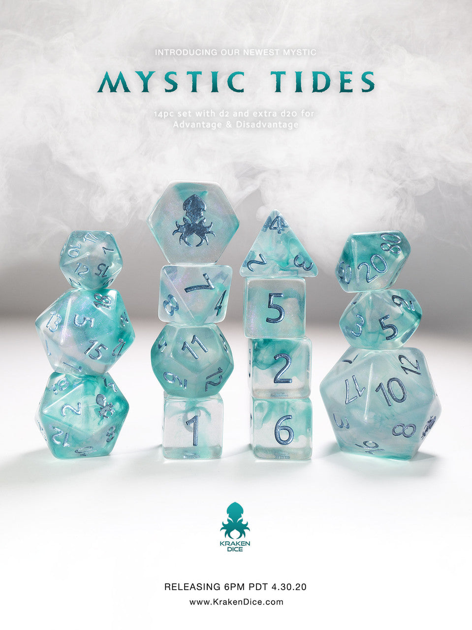 Mystic Tides 14pc Dice set with Metallic Blue Ink