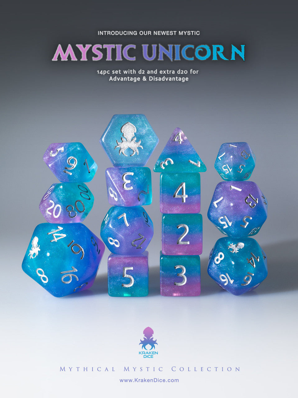 Mystic Unicorn 14pc Silver Ink Dice Set With Kraken Logo