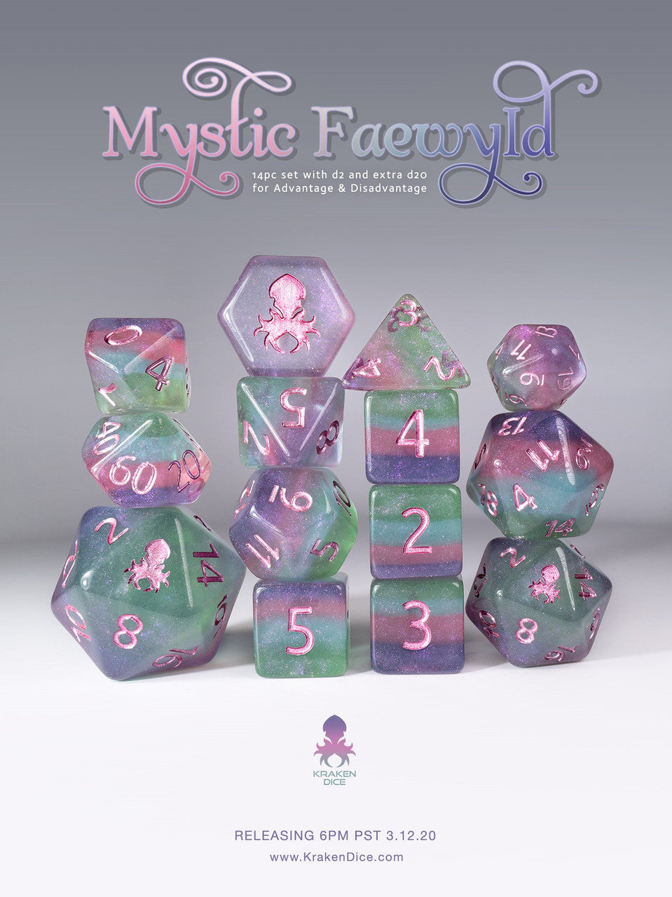 Mystic Faewyld 12pc Polyhedral Dice set with Purple Ink