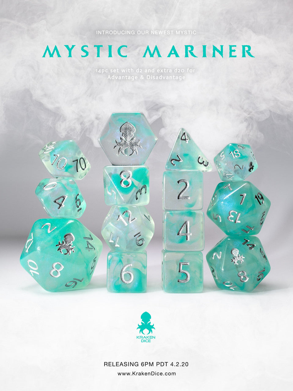 Mystic Mariner 14pc Polyhedral Dice set with Silver Ink