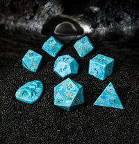 Natural Reconstituted Blue Turquoise Semi-Precious 8 pc Dice Set with Kraken Logo for RPGs