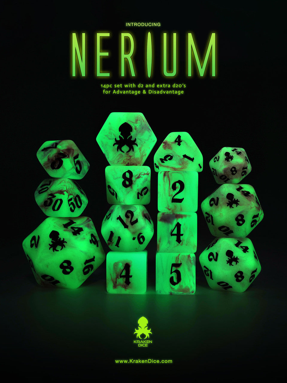 Nerium 14pc Glow in the Dark Dice Set with Dark Purple Ink