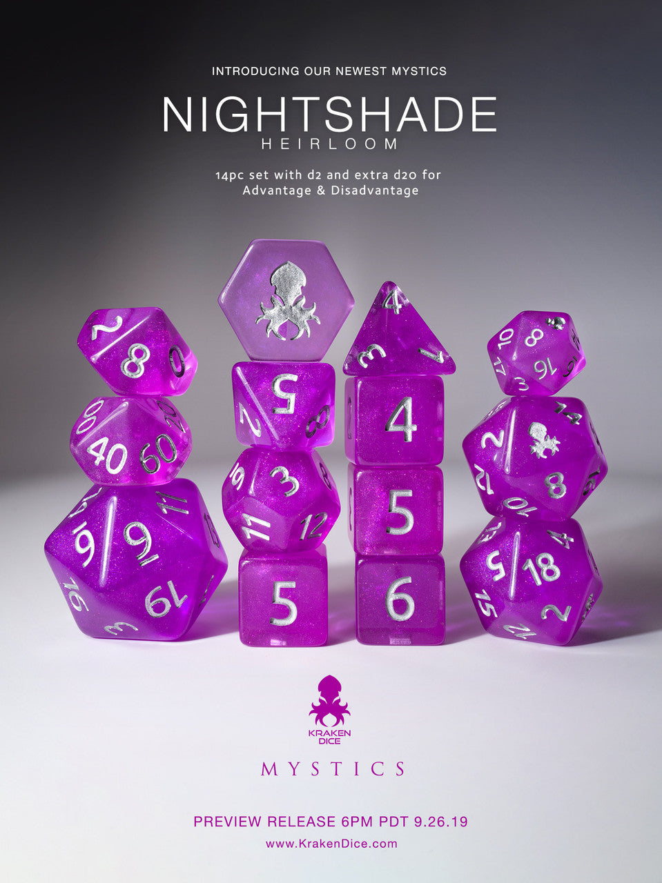 Nightshade: Heirloom 14pc Silver Ink Dice Set With Kraken Logo