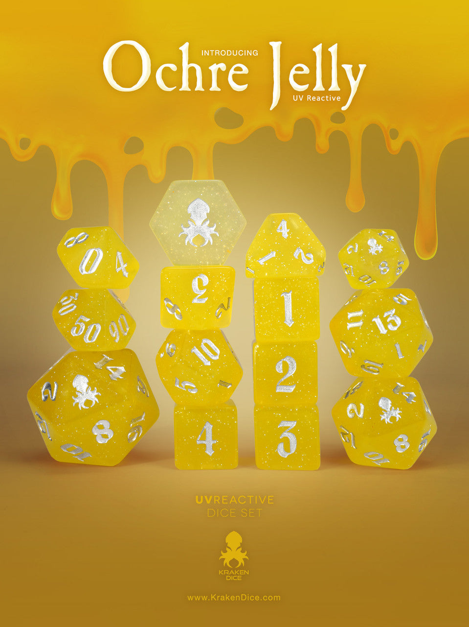 Ochre Jelly UV Reactive 14pc Dice Set inked in Silver