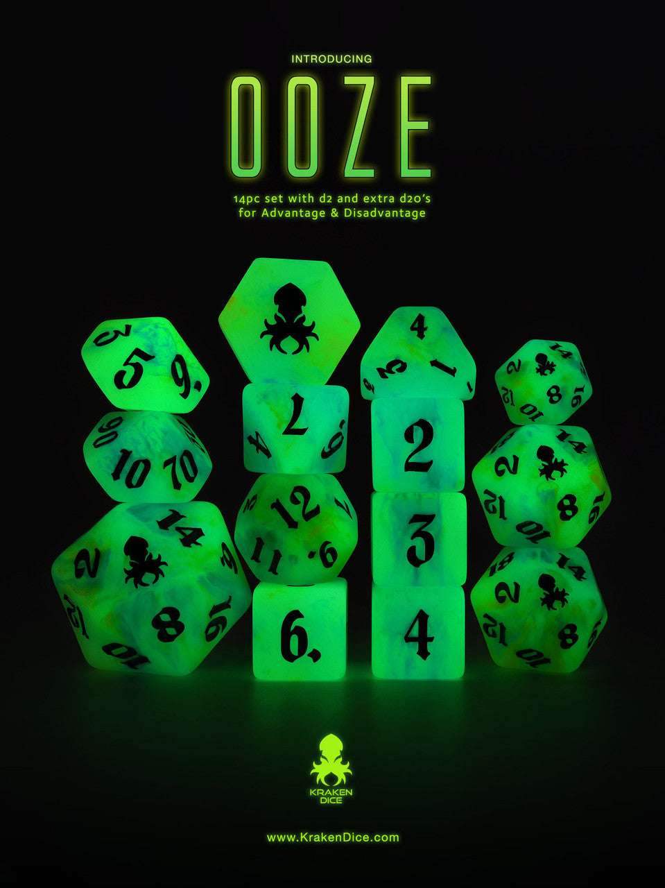 Ooze 14pc Glow in the Dark Dice Set with Green Ink