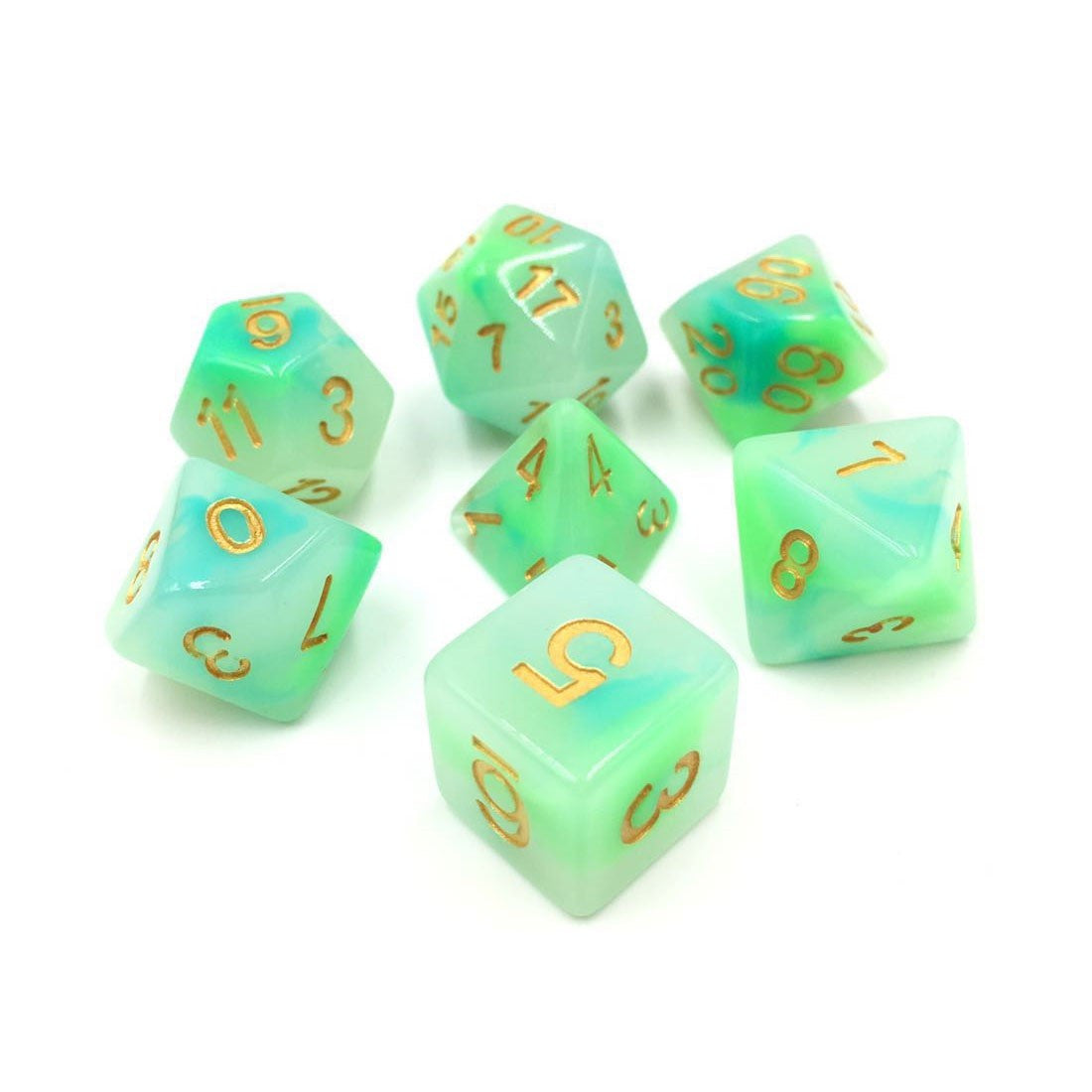 Blue and Green Opalescent Jade 7pc Dice Set Inked in Gold