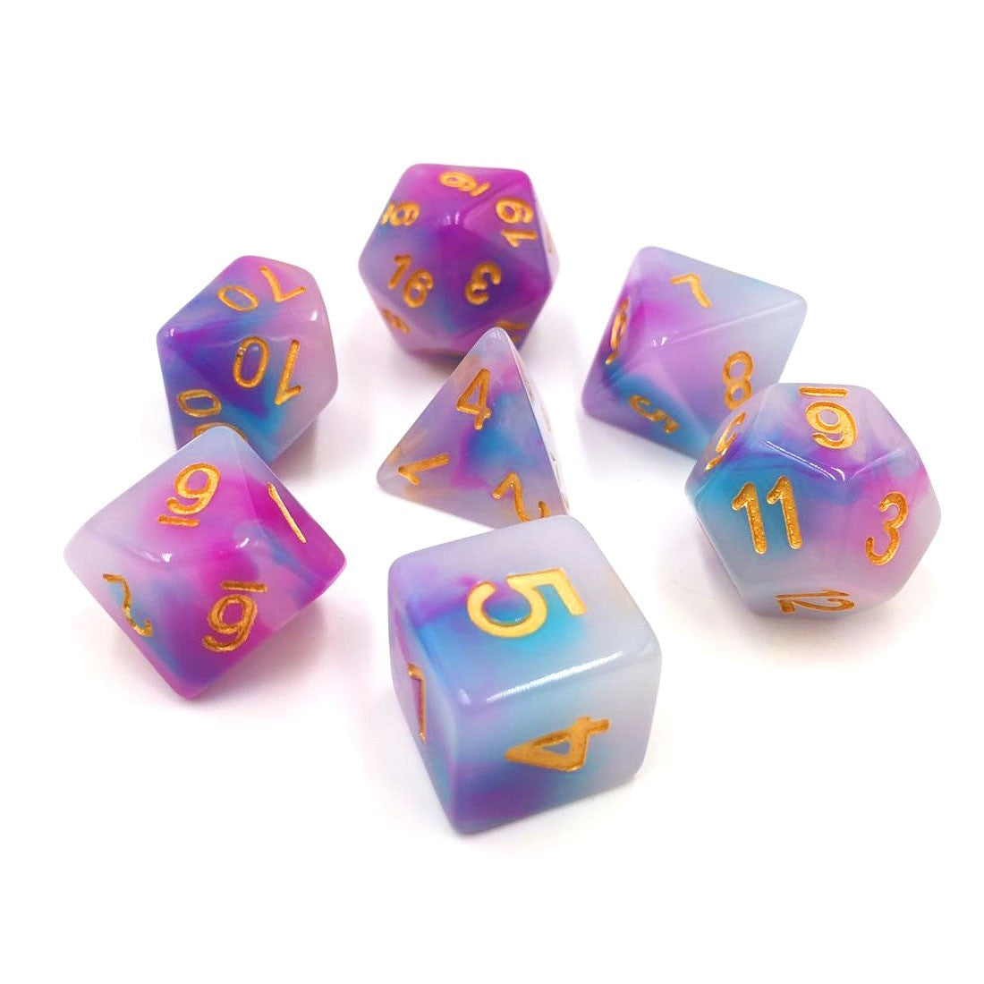 Blue and Purple Opalescent Jade Polyhedral 7pc Dice Set