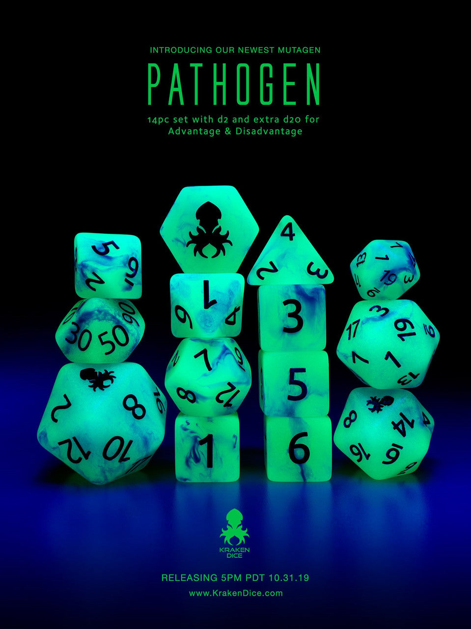 Pathogen 14pc Glow in the Dark Kraken Logo with Blue Ink for RPGs