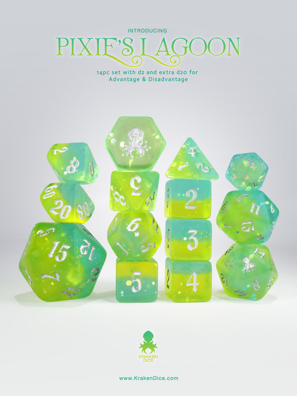 Pixie Disk Set Pixie's Lagoon 14pc - Limited Run - Silver Ink Dice Set – Kraken Dice