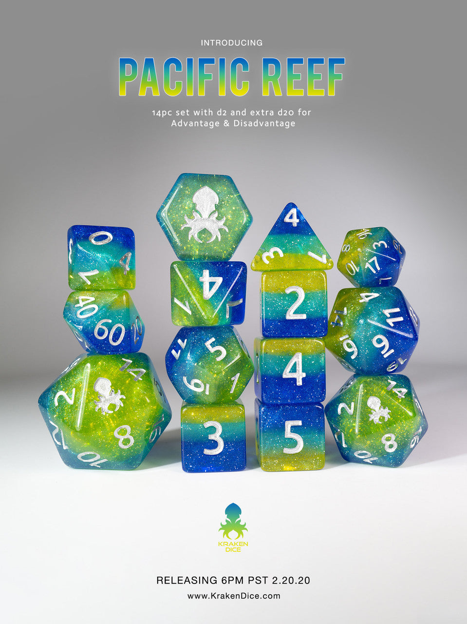 Pacific Reef 14pc Silver Ink Dice Set