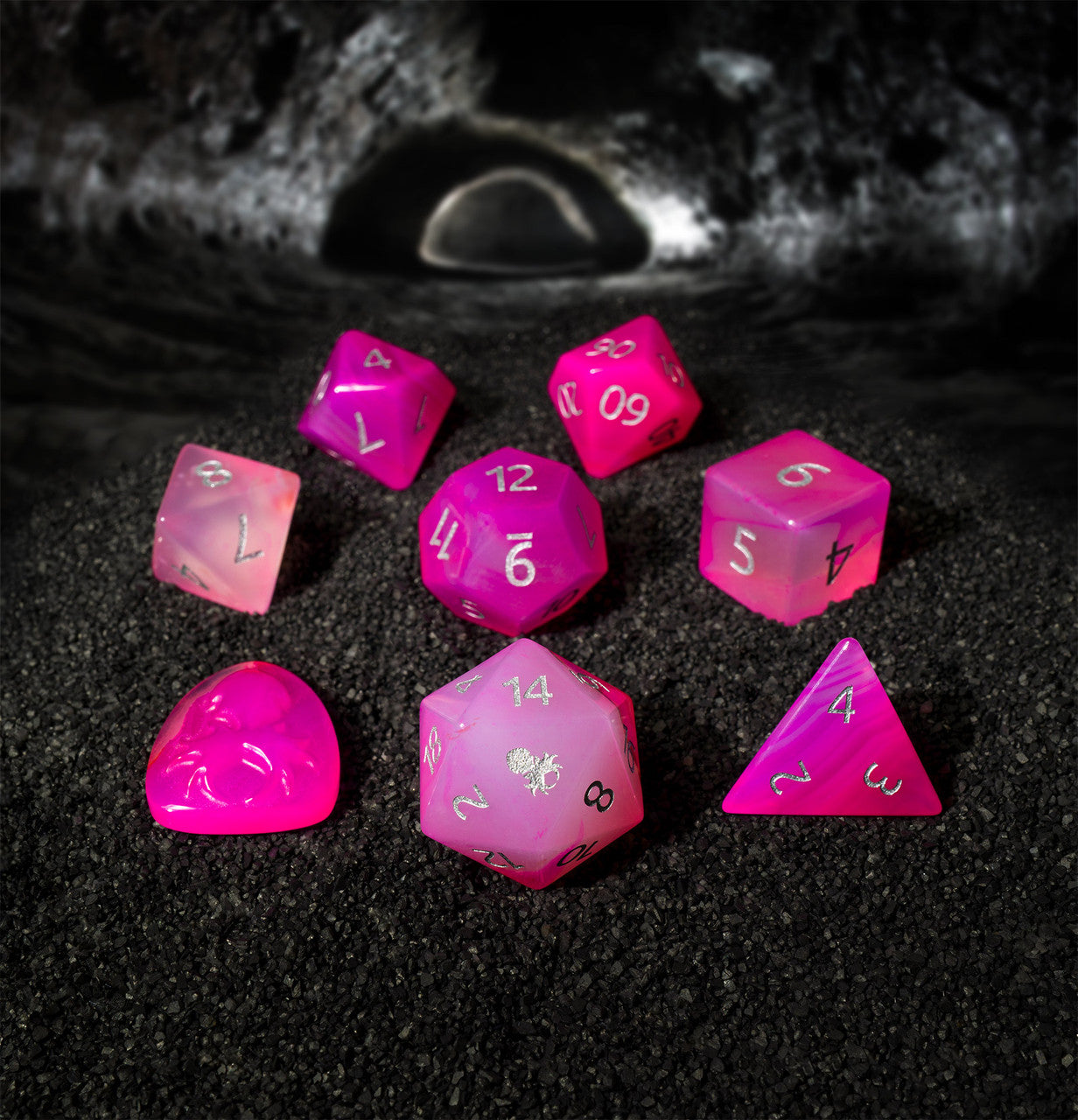 Natural Pink Agate Semi-Precious 8 pc Dice Set with Kraken Logo for RPGs