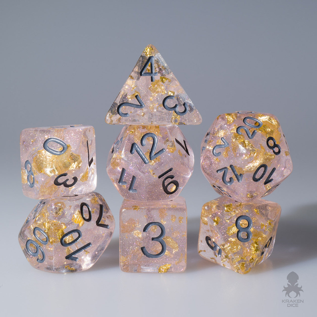 Grey Ink Pink with  Gold Leaf Filled 7pc Polyhedral Dice Set