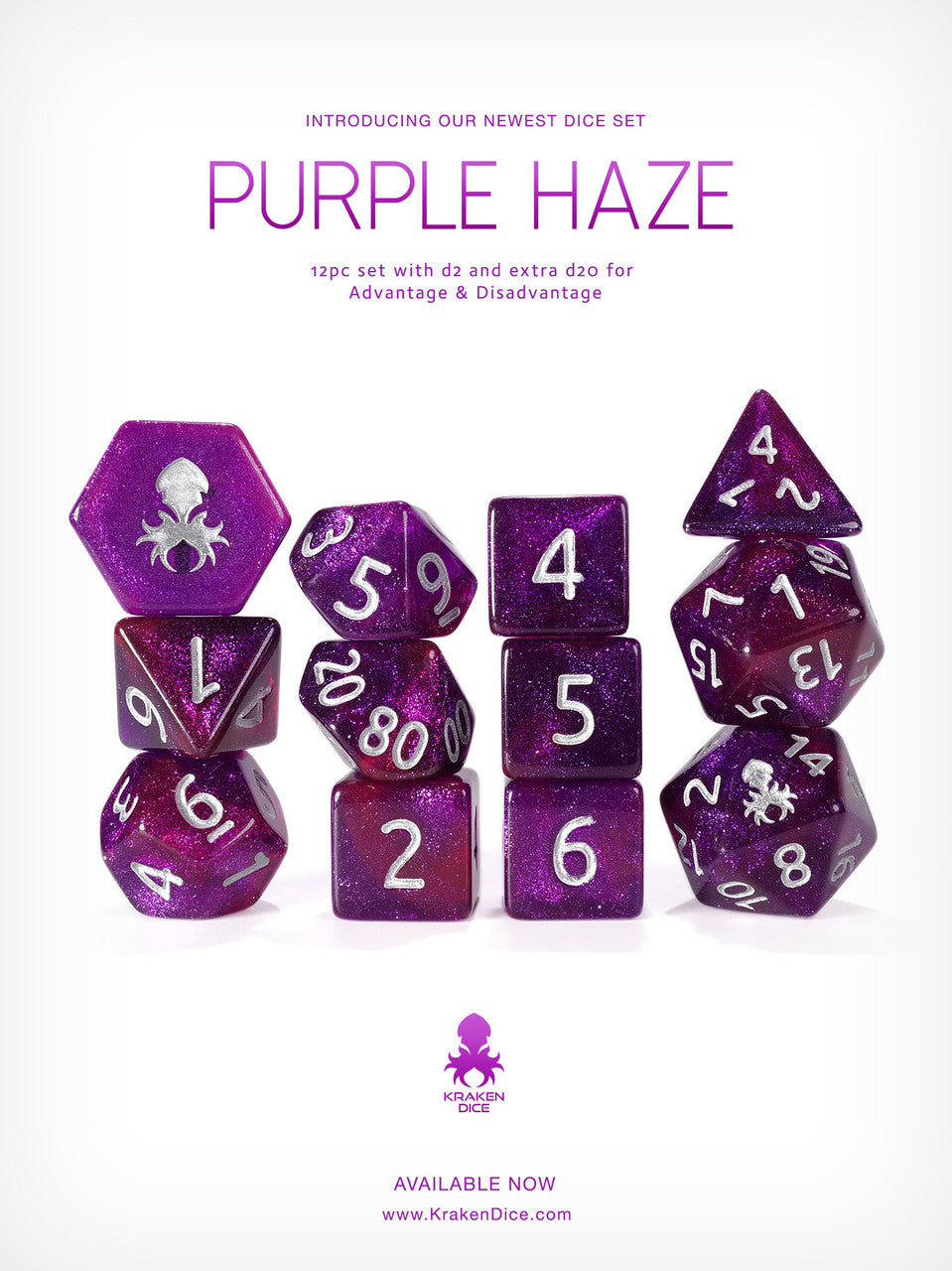 Purple Haze 12pc Glitter RPG Dice Set with Silver Ink