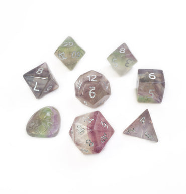 Rainbow Fluorite Semi-Precious 8 pc Glass Dice Set with Kraken Logo for RPGs