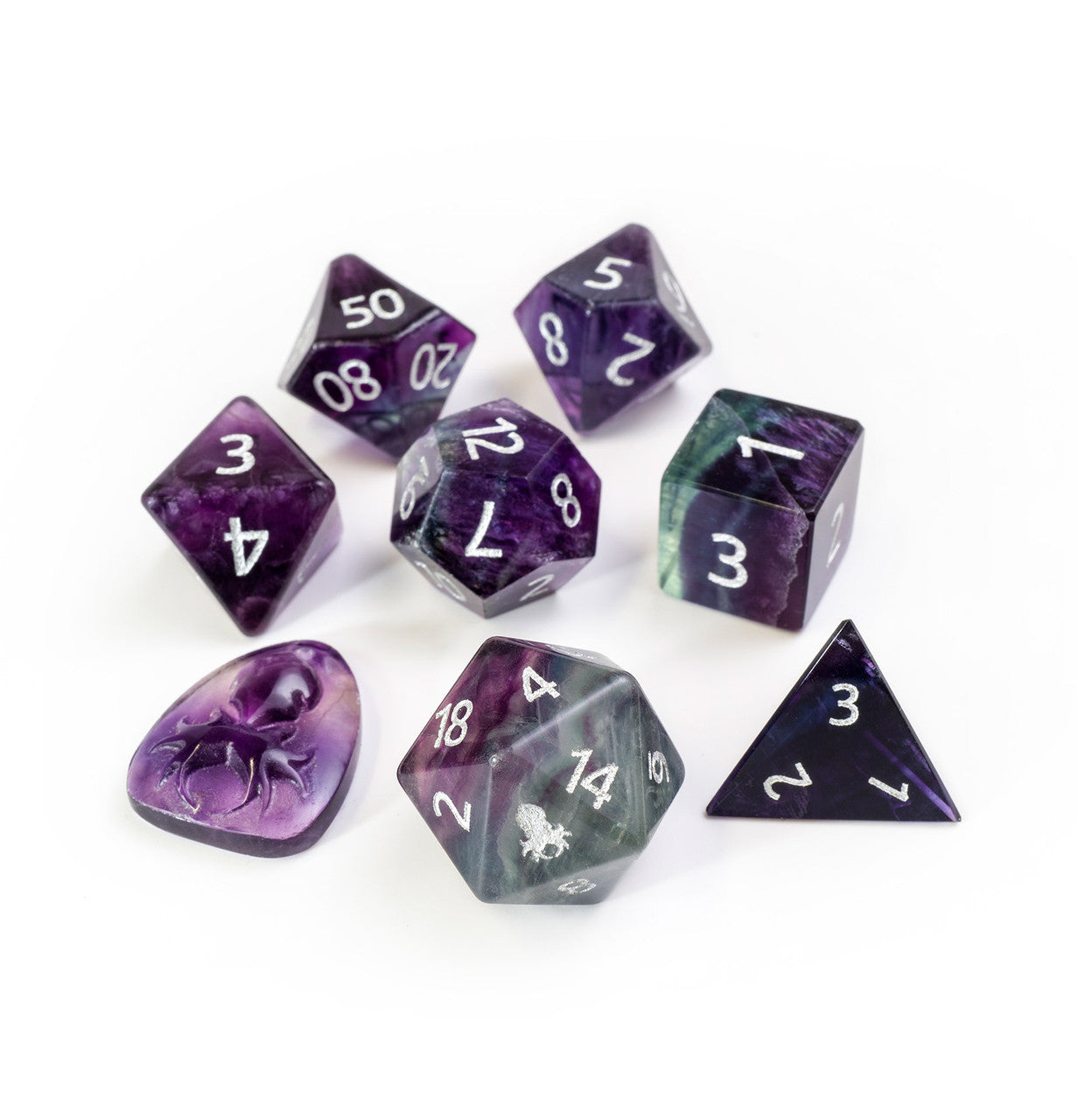 Rainbow Fluorite Semi-Precious 8 pc Glass Dice Set with Kraken Logo for RPGs