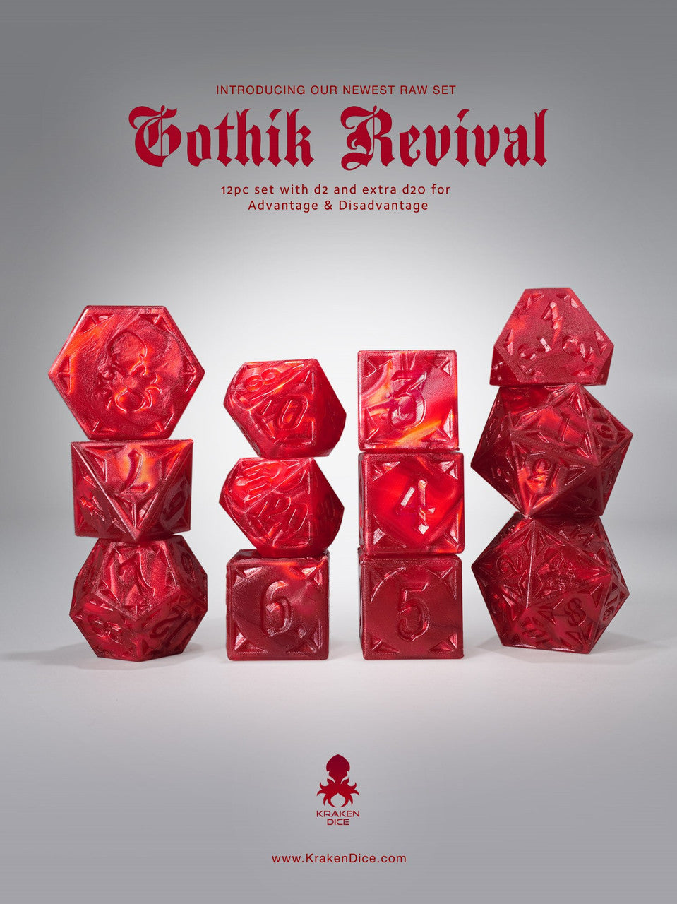 RAW Red Gothik Revival  RPG 12pc Dice Set