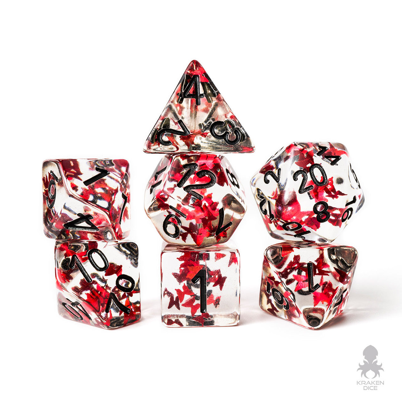Red Butterflies Filled 7pc Polyhedral Dice Set with Black Ink