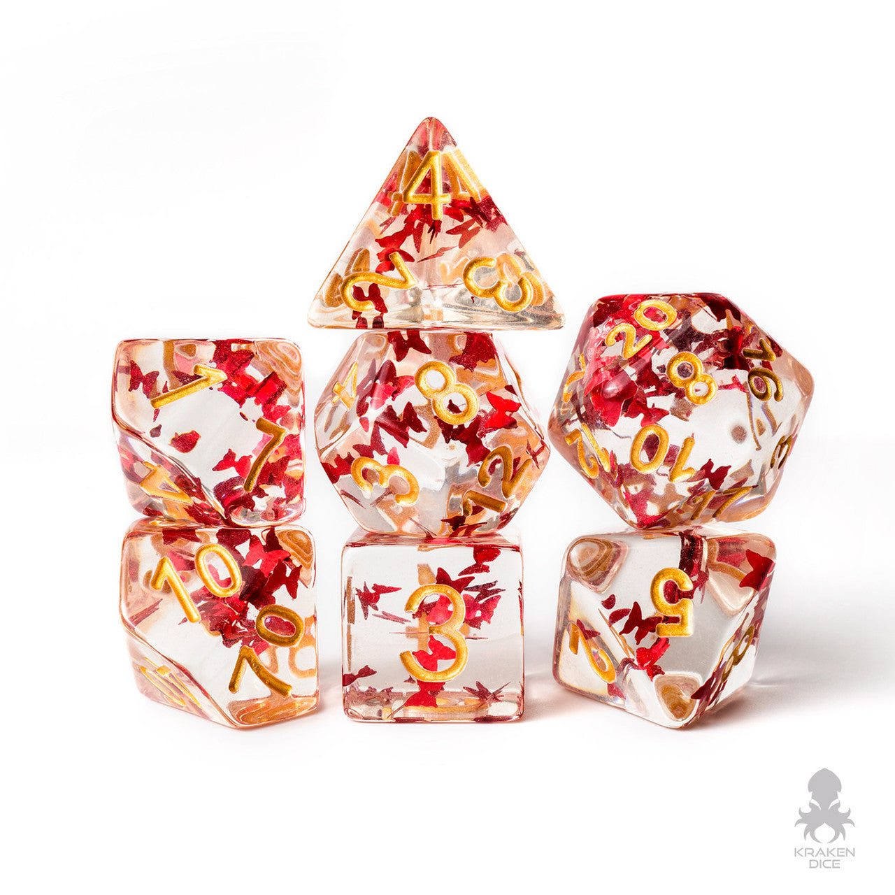 Red Butterflies Filled 7pc Polyhedral Dice Set