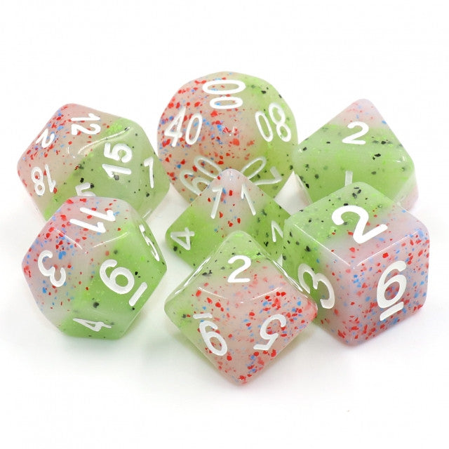 Rose Bud White Ink 7pc Particles Polyhedral Dice Set