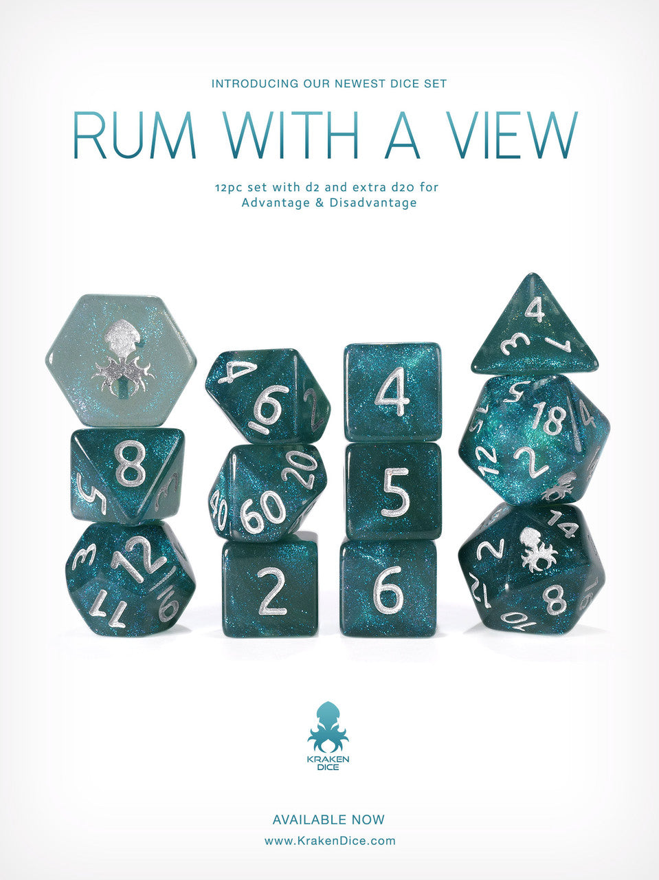 Rum with a View 12pc Glitter RPG Dice Set with Silver Ink