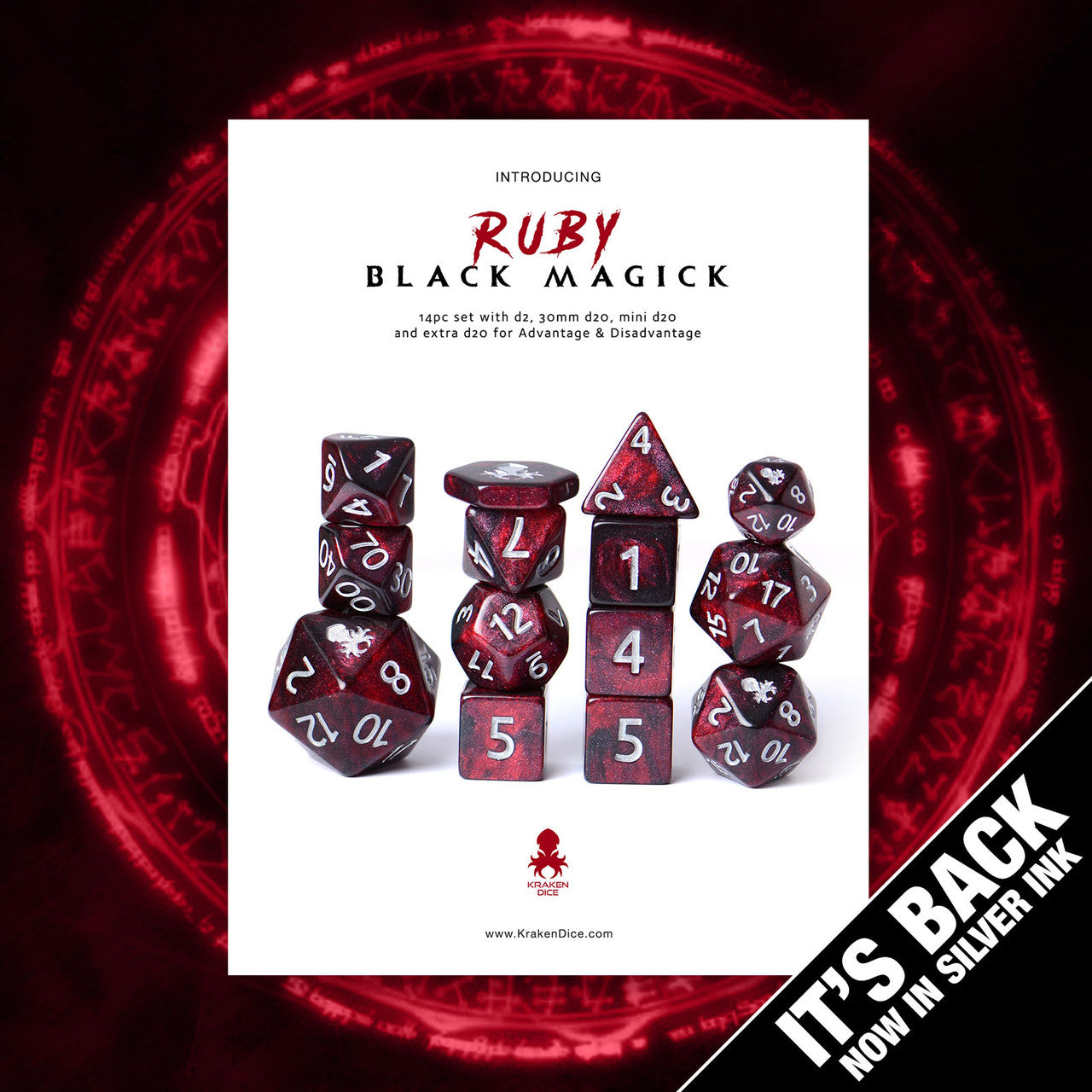 Ruby Black Magick Silver Ink 14pc DnD Dice Set With Kraken Logo