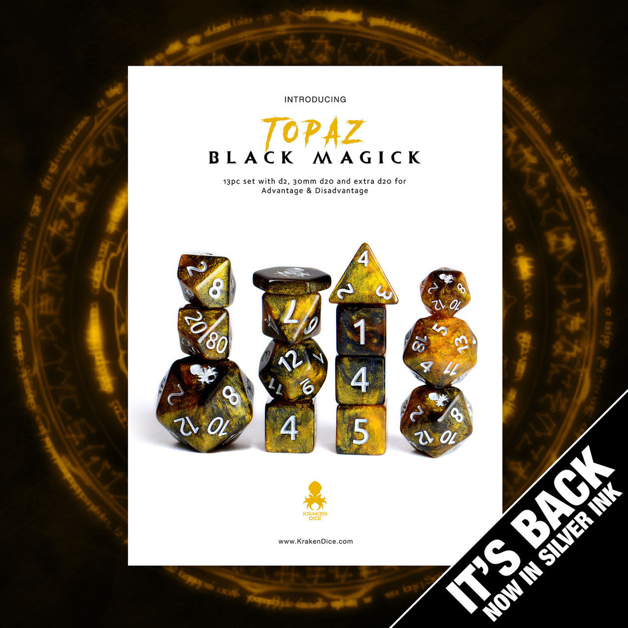 Topaz Black Magick Silver Ink 14pc DnD Dice Set With Kraken Logo