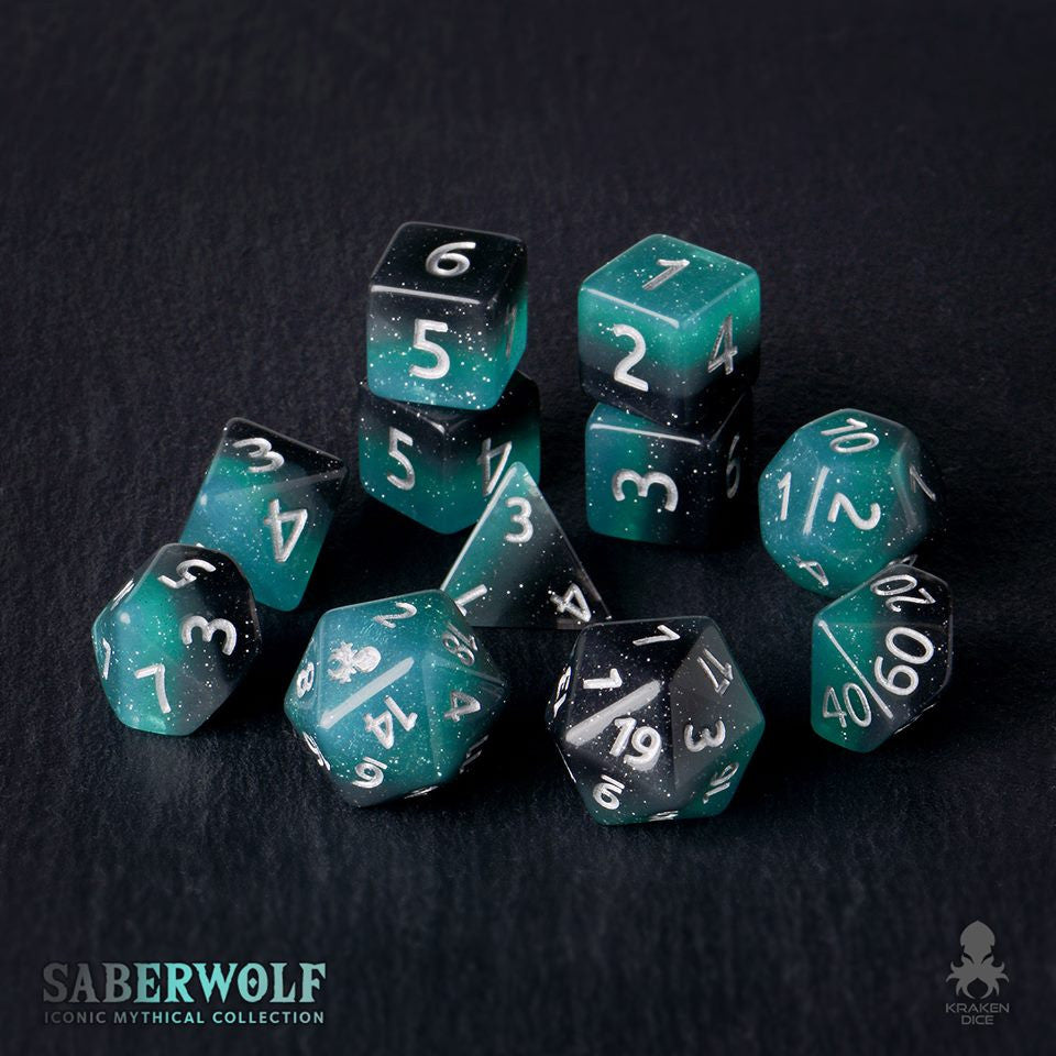 SaberWolf 12pc Silver Ink Dice Set With Kraken Logo