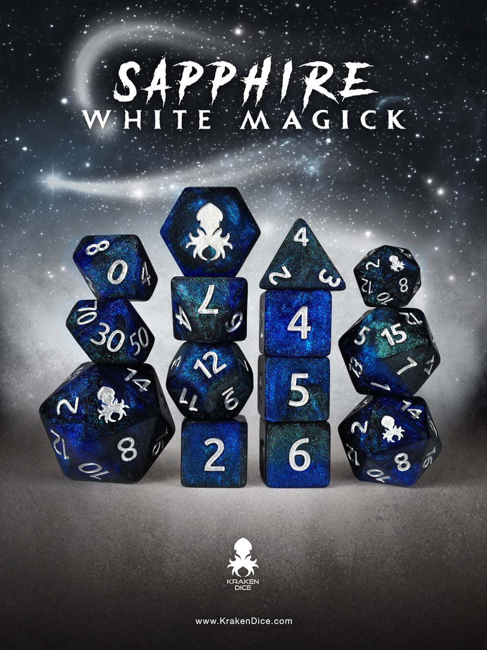 Sapphire White Magick 14pc Dice Set inked in Silver