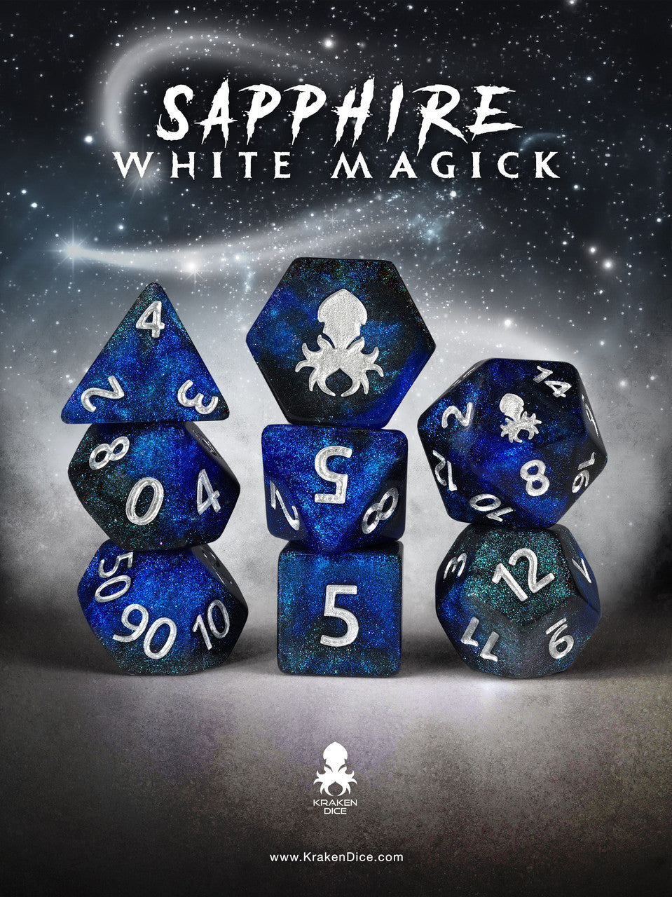 Sapphire White Magick 8pc Dice Set inked in Silver