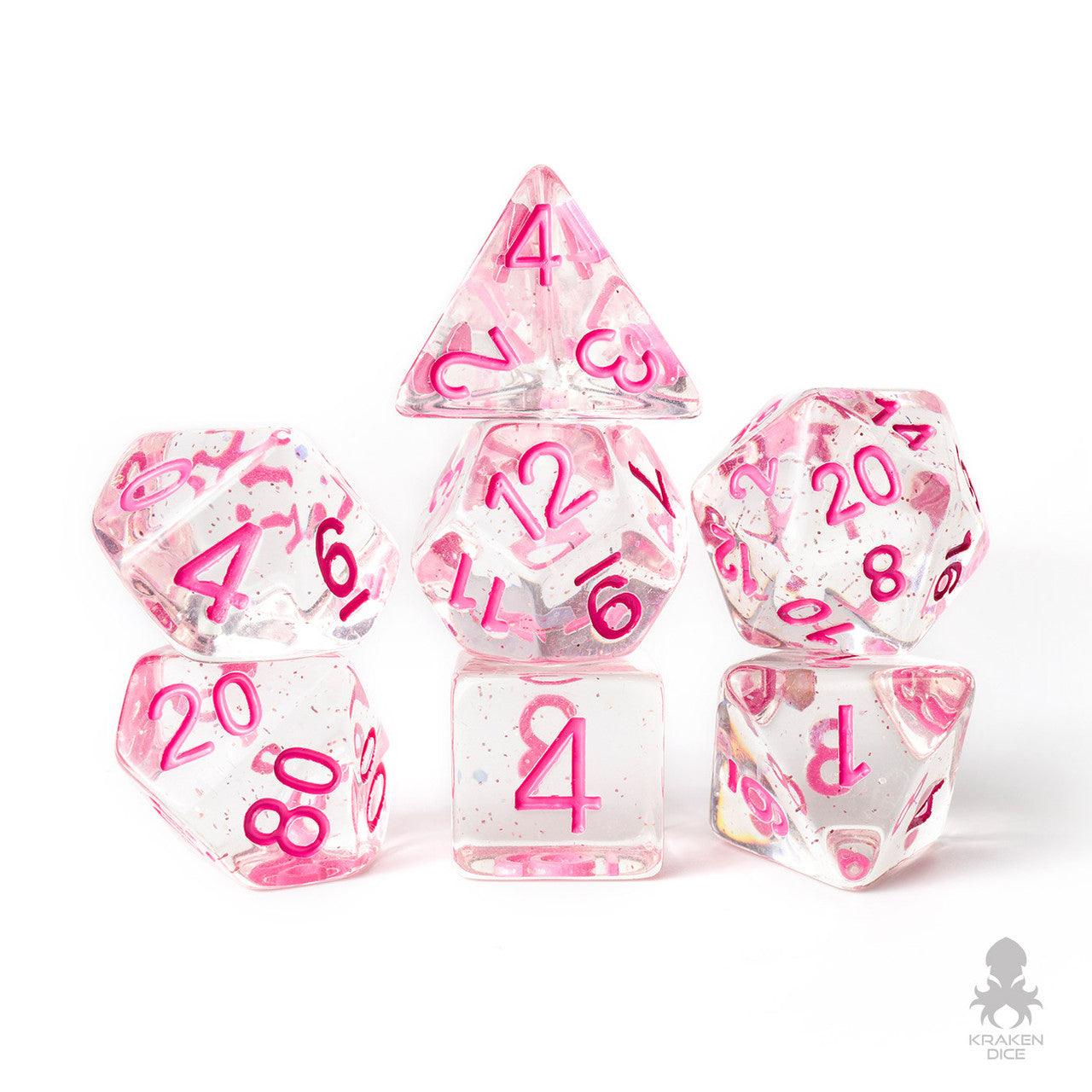 Shiny Pink with  Glitter Flake Filled 7pc Polyhedral Dice Set