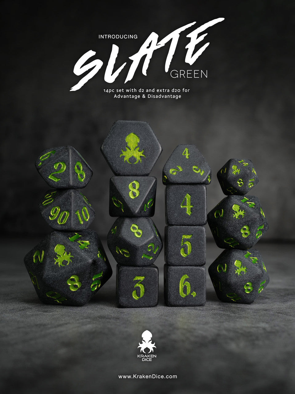 Slate: Green 14pc TTRPG Green Ink Matte Dice Set