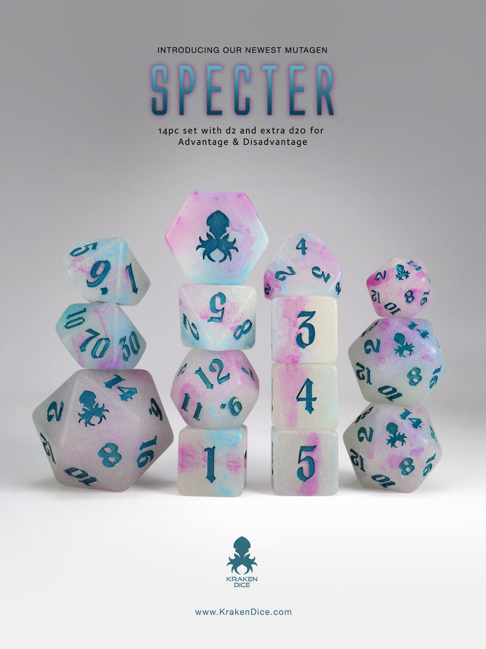 Specter 14pc Glow in the Dark Dice Set with Titanium Blue Ink