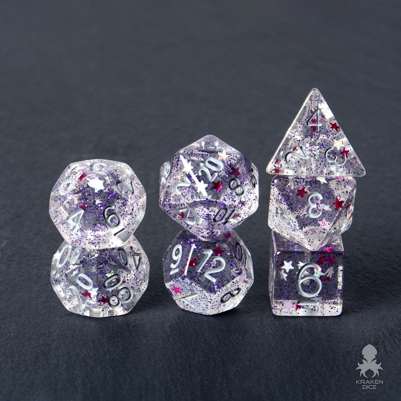 Starlight Wish Magenta and White Stars 7pc Polyhedral Dice Set