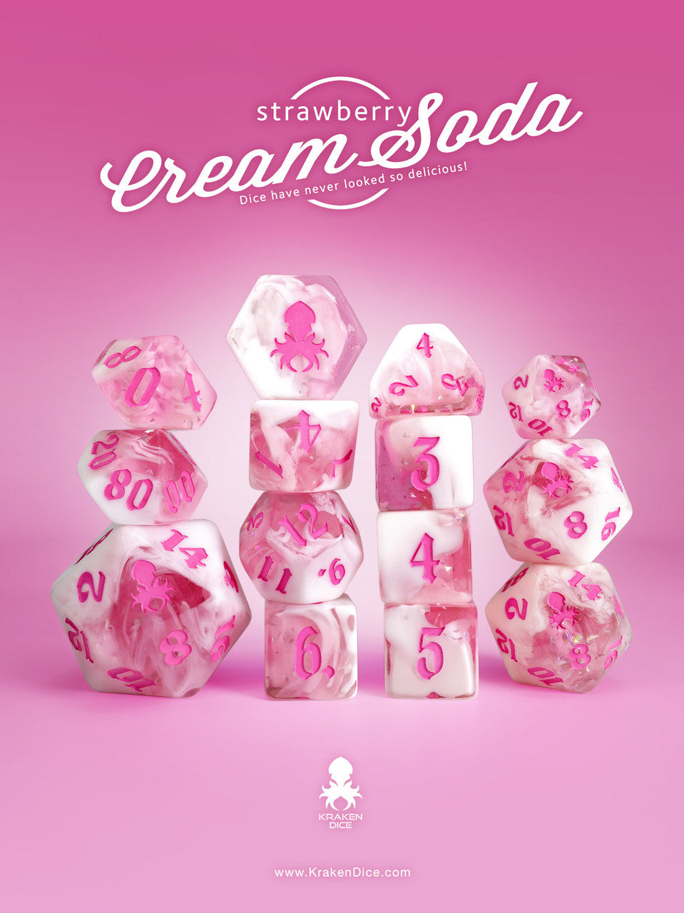 Strawberry Cream Soda 14pc TTRPG Dice Set with Pink Ink