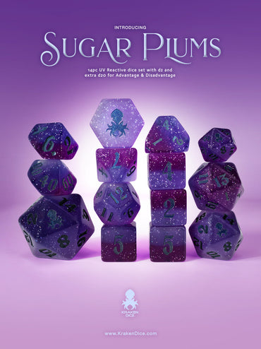 Sugar Plums 14pc UV Reactive Dice Set for TTRPGs inked in Blue
