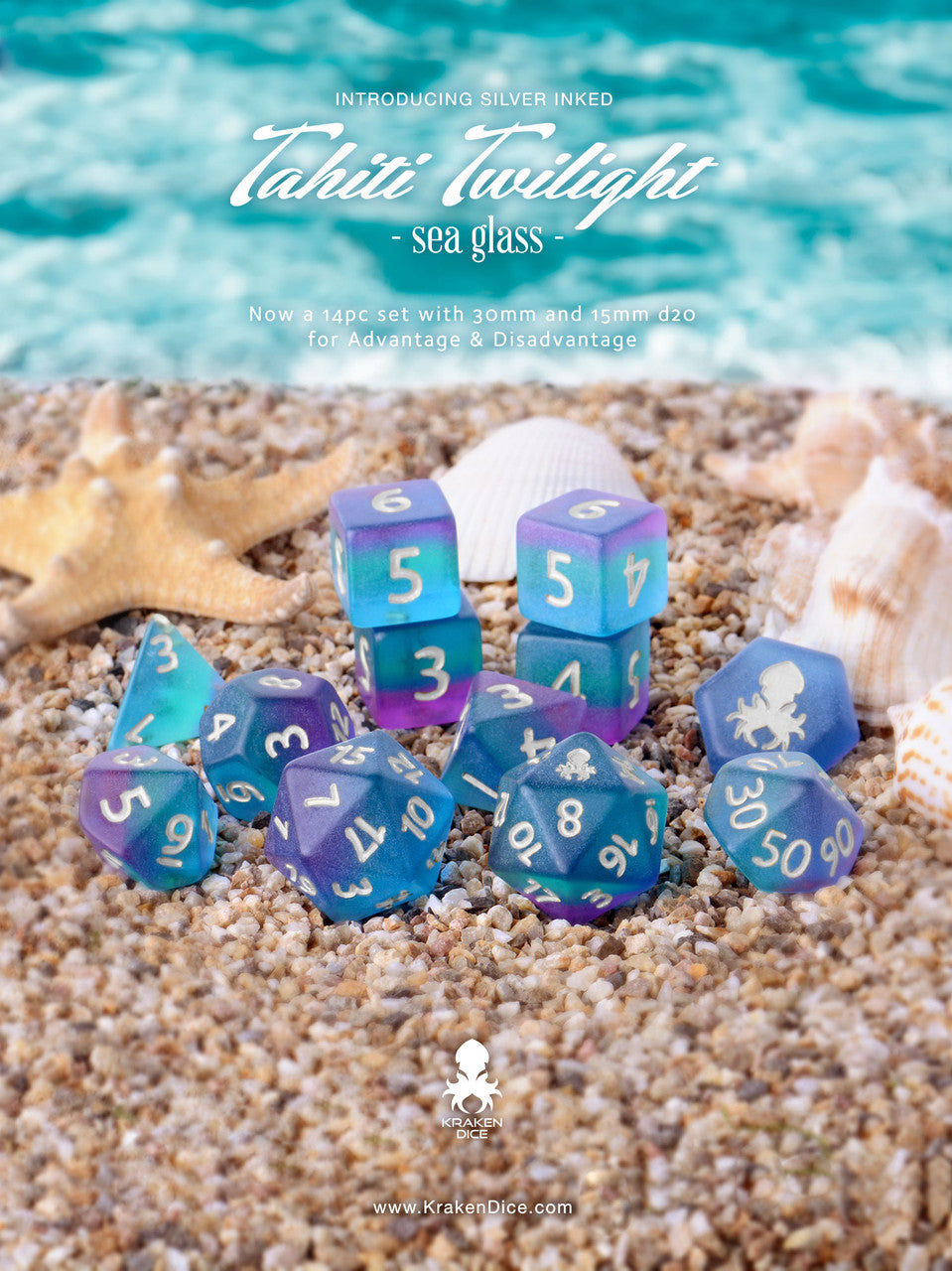 Tahiti Twilight 14pc Silver Ink Matte Dice Set With Kraken Logo