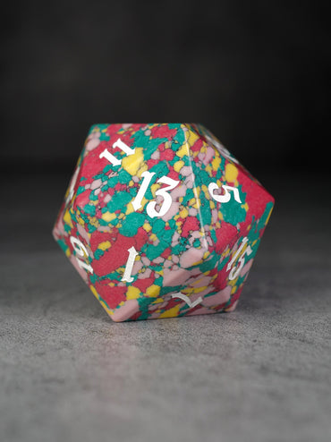 40mm Teal Pink Red Mosaic Semi-Precious Single D20 with White Ink
