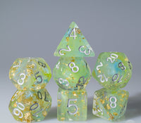 Teal and Light Green Swirl with Gold Foil and Silver Ink 7pc Polyhedral Dice Set