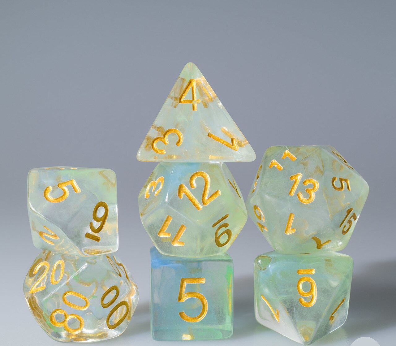 Teal and Light Green Swirl with Gold ink 7pc Polyhedral Dice Set