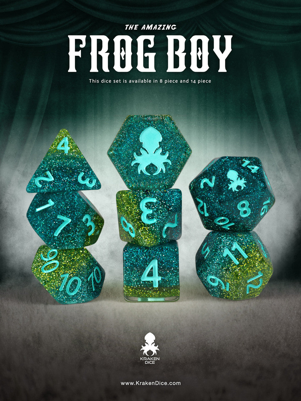 The Amazing Frog Boy 8pc Dice Set Inked in Teal