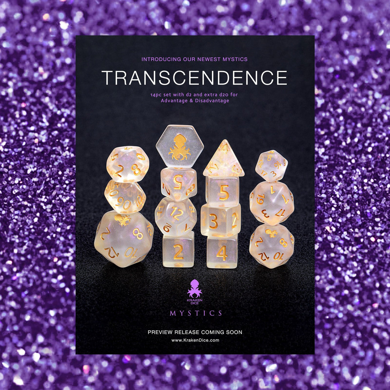 Transcendence Gold Ink Mystics 14pc Dice Set With Kraken Logo