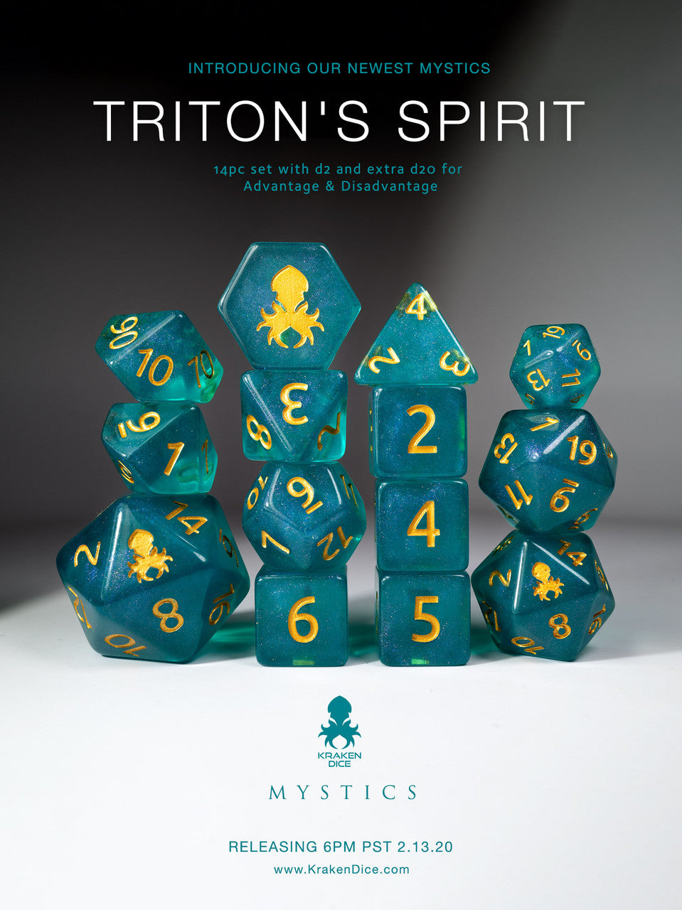 Triton's Spirit 14pc Polyhedral Dice set with Gold Ink